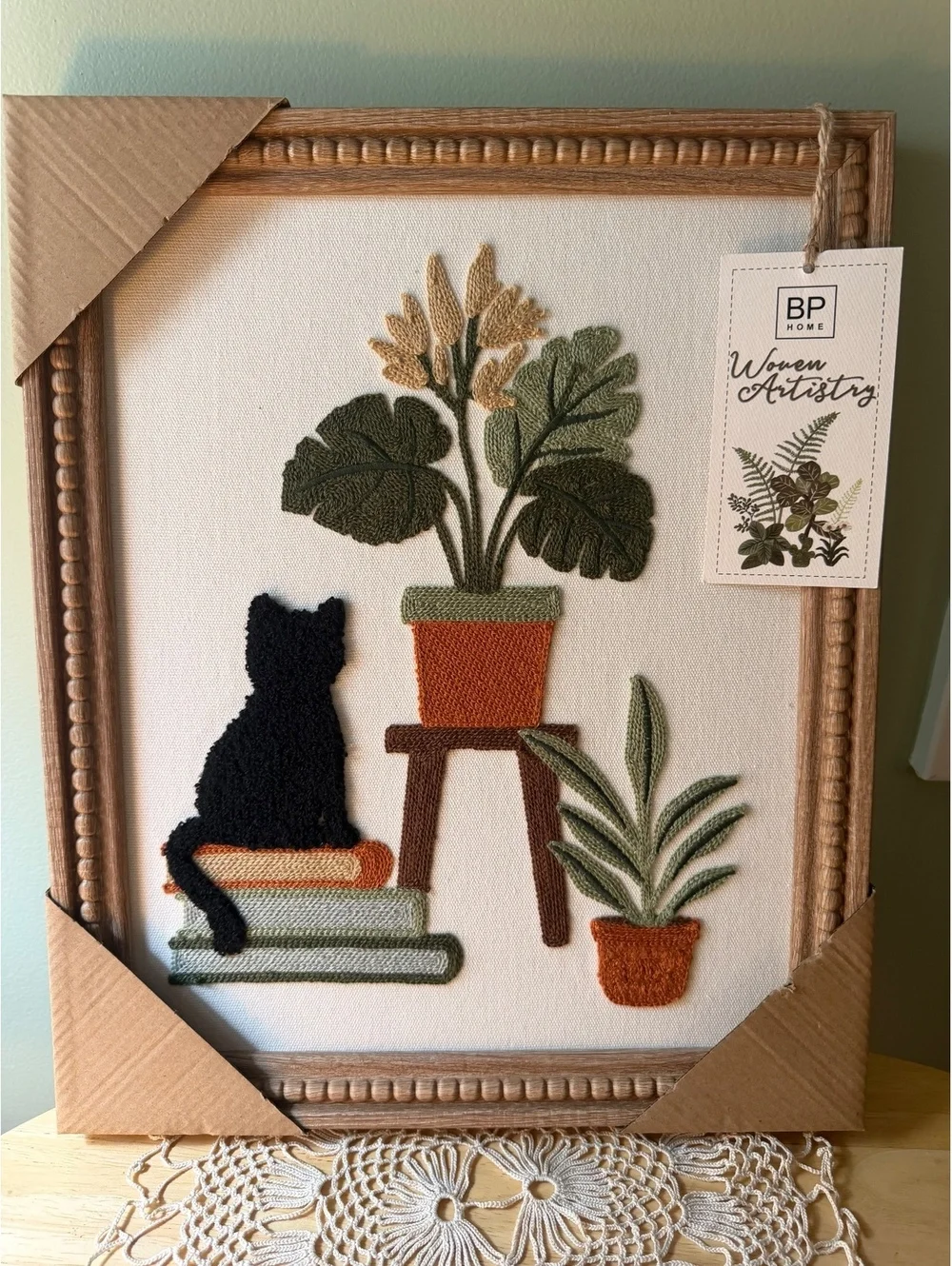 BP Home Woven Artistry Framed Wall Art with Cat and Plants Design